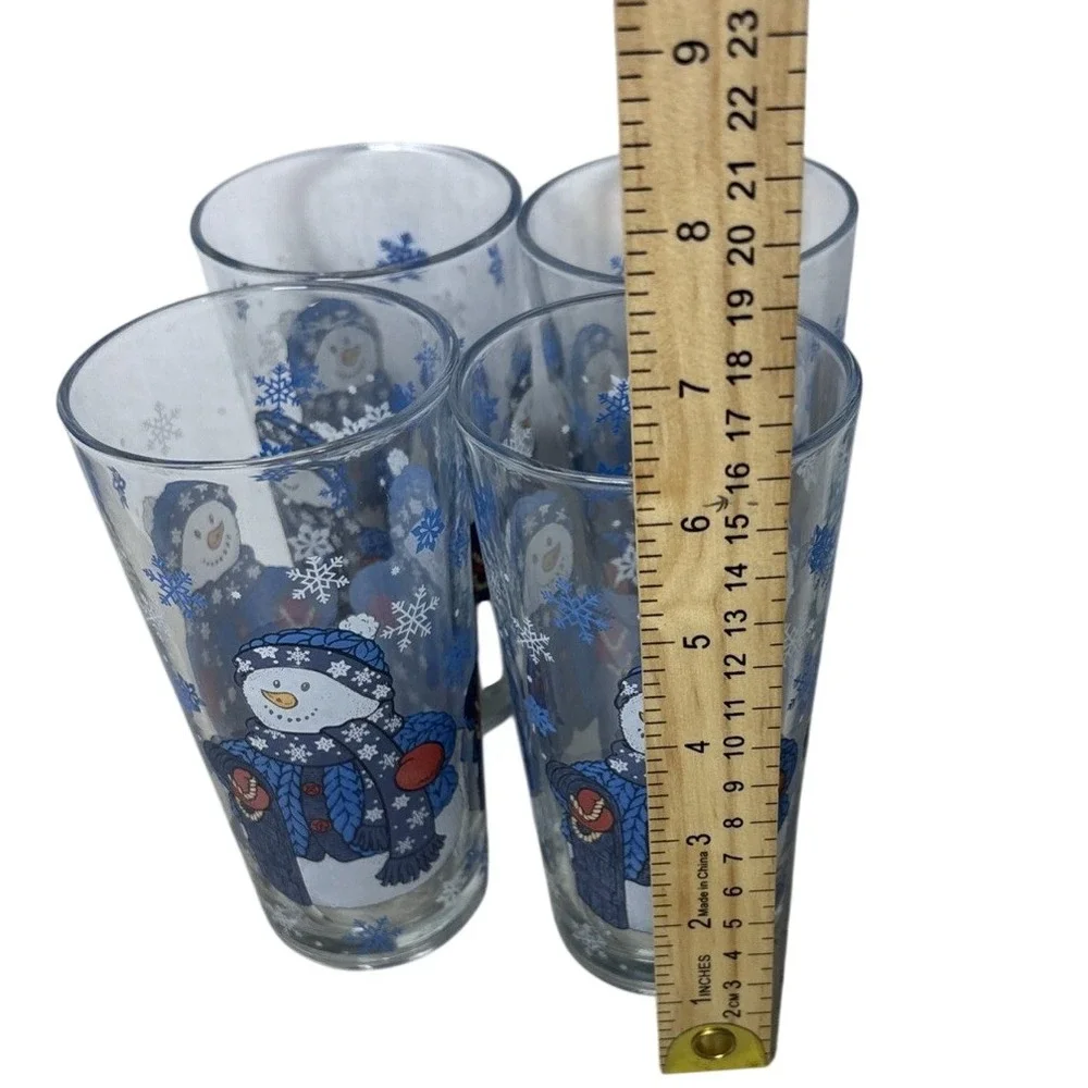 KIG Indonesia Snowman Christmas Glasses Set of‎ 4 Blue White Winter Highball 6in